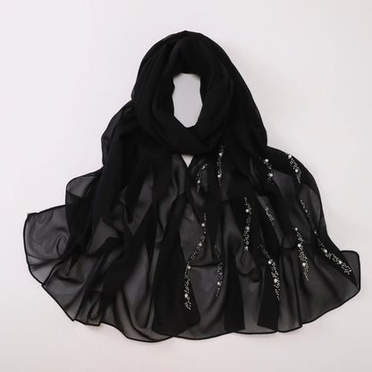 Hijab Chiffon Femme – Foulard Musulman Doux avec Strass & Perles, Voile Été 175x70cm