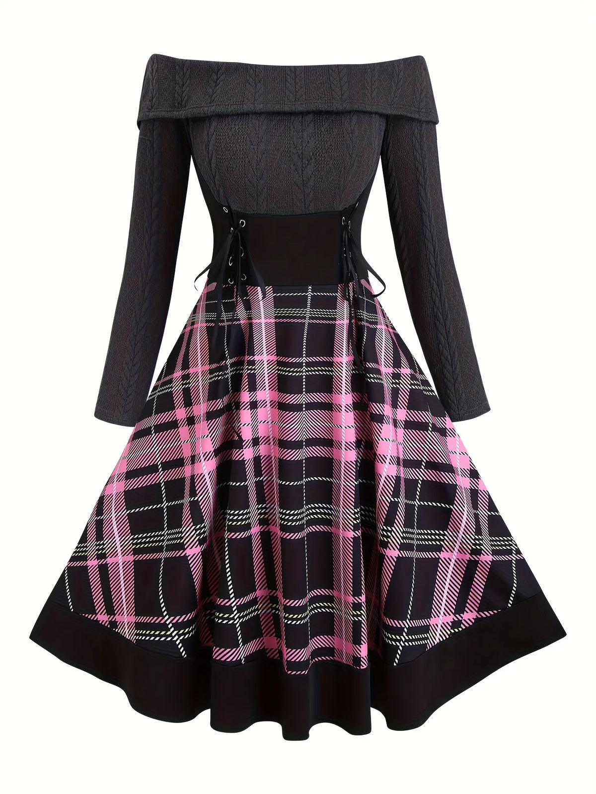 Robe Tricotée Carreaux Épaules Dénudées – Style Vintage, Grande Taille