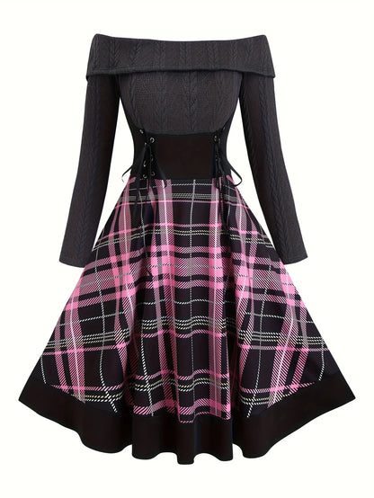Robe Tricotée Carreaux Épaules Dénudées – Style Vintage, Grande Taille