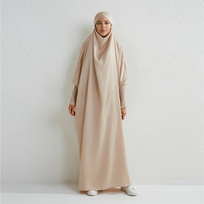 Abaya Musulmane à Capuche – Robe de Prière Femme Manches Smockées, Jilbab Islamique Style Dubaï