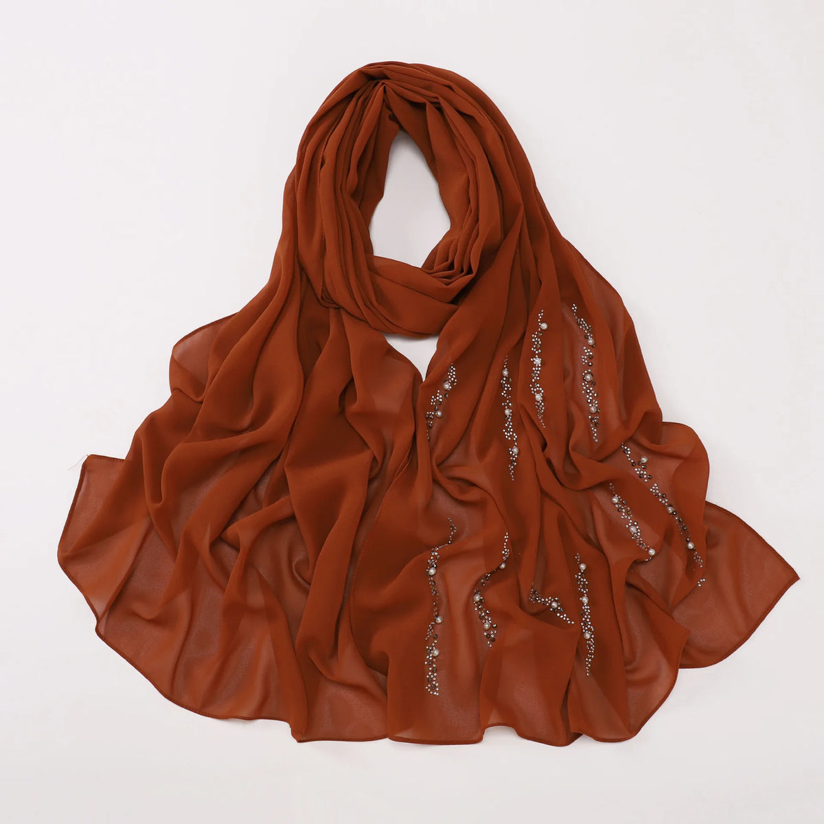 Hijab Chiffon Femme – Foulard Musulman Doux avec Strass & Perles, Voile Été 175x70cm