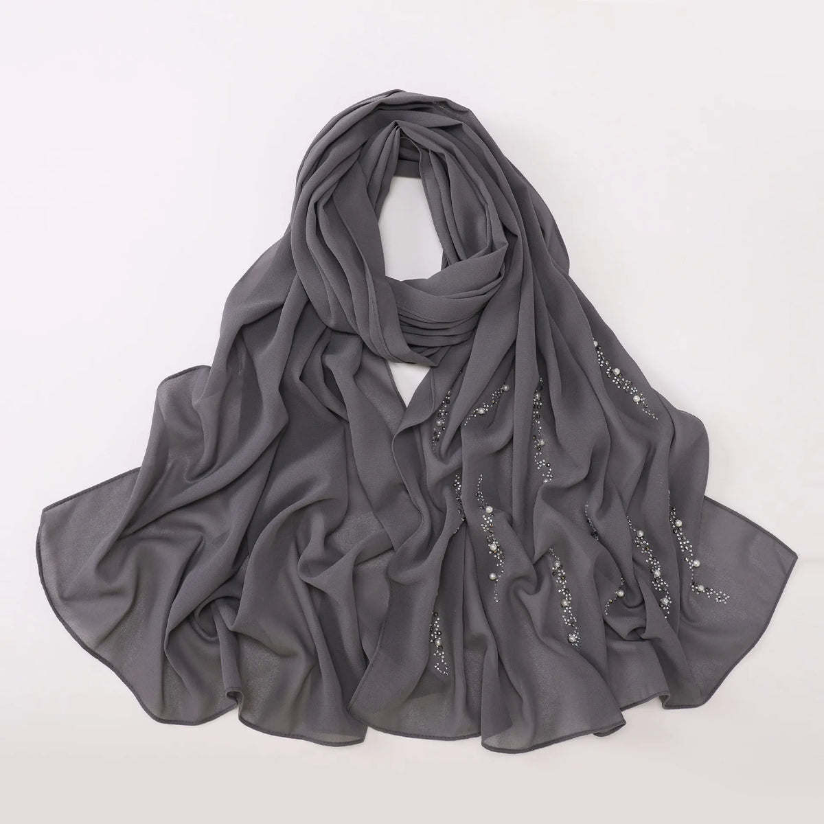 Hijab Chiffon Femme – Foulard Musulman Doux avec Strass & Perles, Voile Été 175x70cm