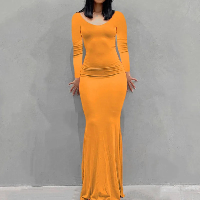 Robe Longue Moulante Femme – Col Rond & Manches Longues