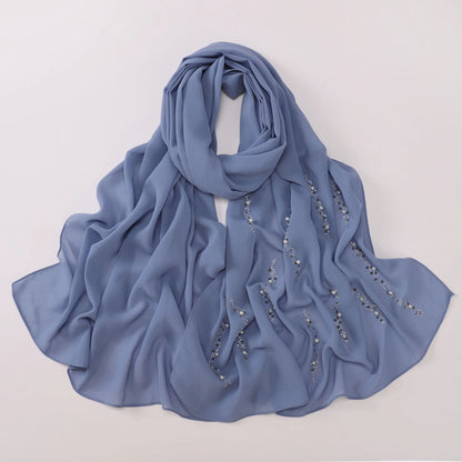 Hijab Chiffon Femme – Foulard Musulman Doux avec Strass & Perles, Voile Été 175x70cm