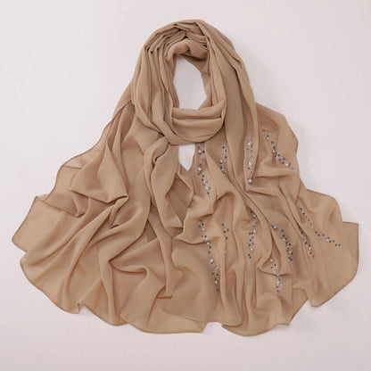 Hijab Chiffon Femme – Foulard Musulman Doux avec Strass & Perles, Voile Été 175x70cm