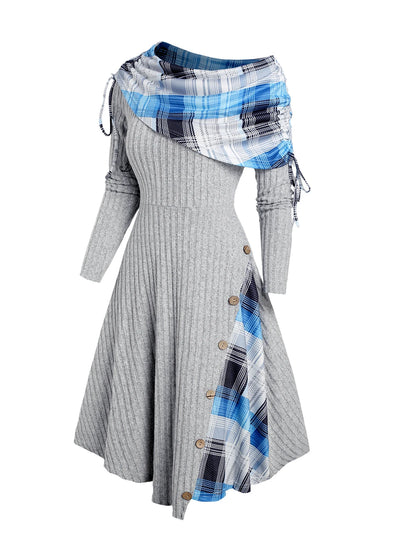 Robe Mi-Longue À Carreaux Épaules Dénudées Patchwork – Tricot Côtelé, Bouttons Déco, Automne-Hiver