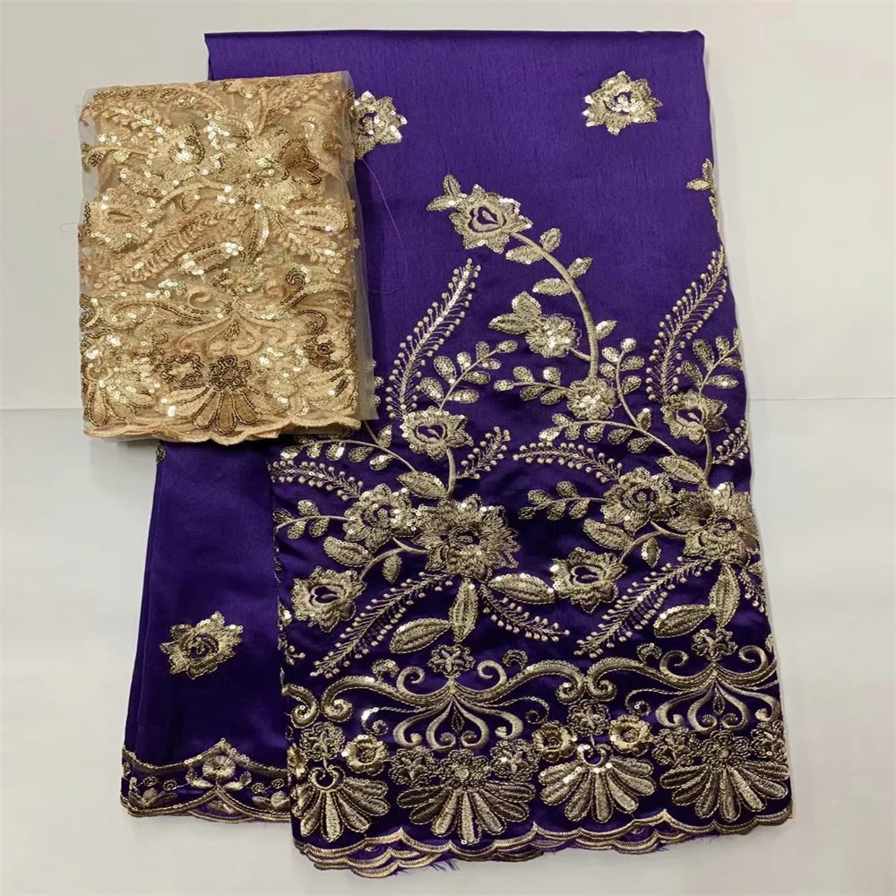 Tissu George Africain Brodé – Dentelle Satin Premium 5+2 Yards