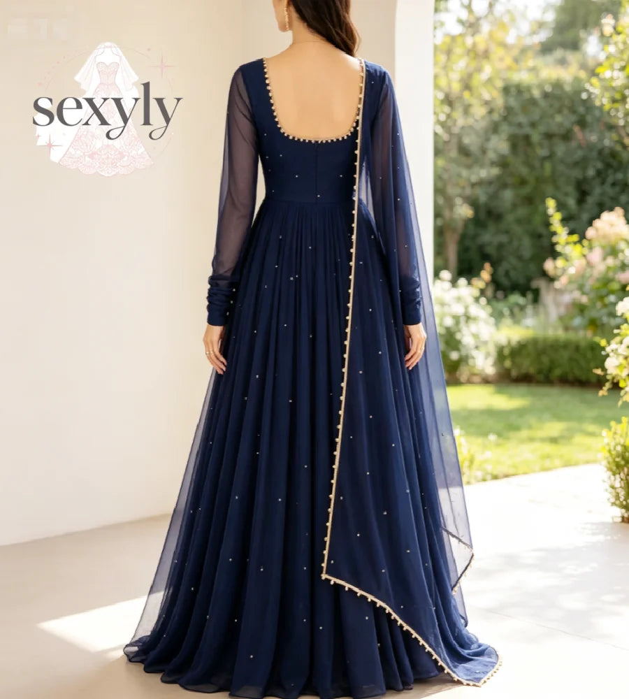 Robe de Soirée Anarkali Bleu Marine Col Carré Manches Longues – Style Indien & Pakistanais, Sur Mesure