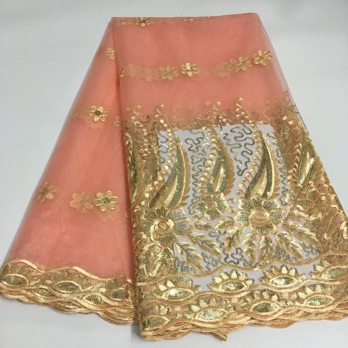 Tissu Dentelle Tulle Africaine Paillettes Dorées – Mariage & Fête, 5 Yards