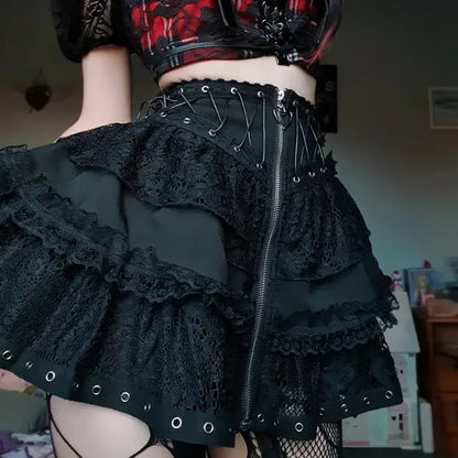 Mini Jupe Gothique Dentelle Y2K – Taille Haute, Style Emo E-Girl Lolita Harajuku Grunge Clubwear