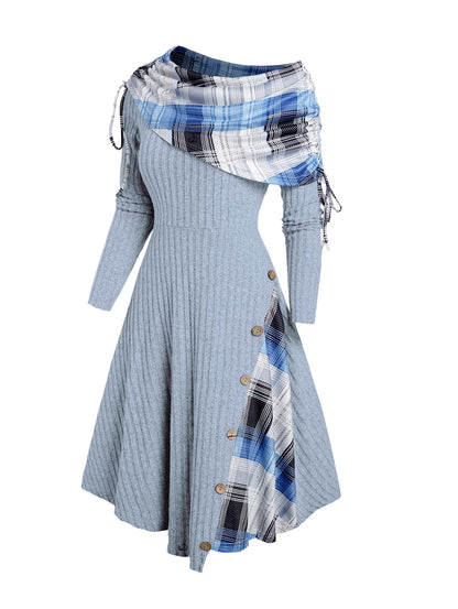 Robe Mi-Longue À Carreaux Épaules Dénudées Patchwork – Tricot Côtelé, Bouttons Déco, Automne-Hiver