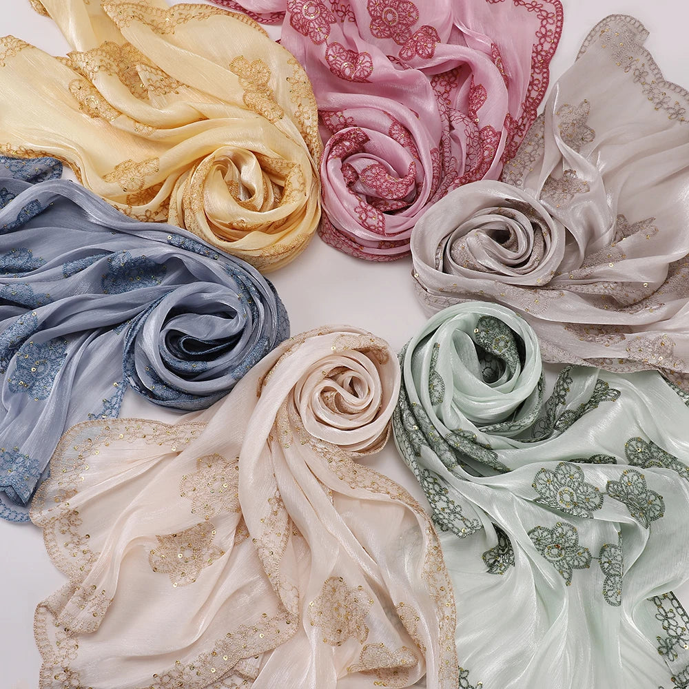 Hijab Paillettes Scintillantes Brodé – Châle Satin Brillant Femme, Foulard Mariage Ramadan 60x170cm