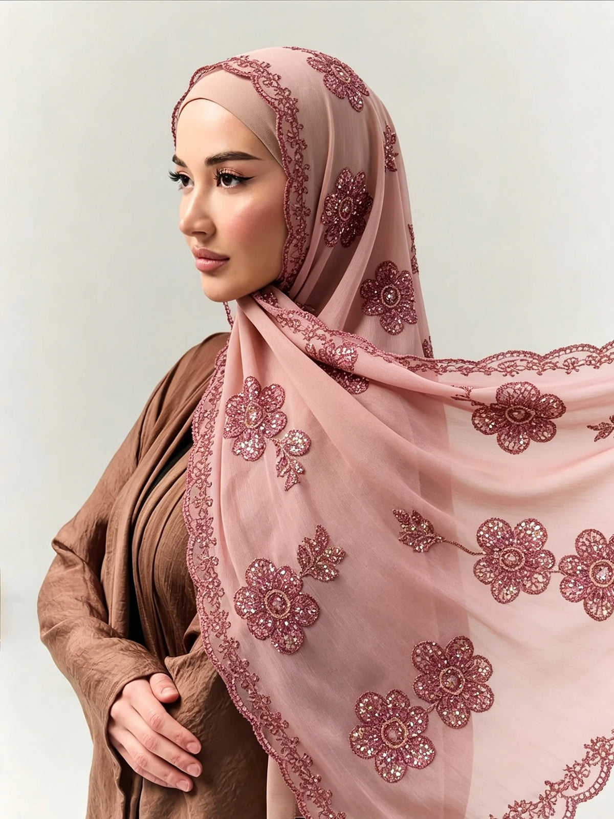 Hijab Paillettes Scintillantes Brodé – Châle Satin Brillant Femme, Foulard Mariage Ramadan 60x170cm
