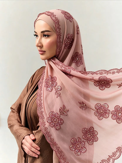 Hijab Paillettes Scintillantes Brodé – Châle Satin Brillant Femme, Foulard Mariage Ramadan 60x170cm