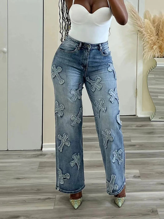 Jean Baggy Femme Taille Haute – Franges & Lacets Croix, Coupe Droite
