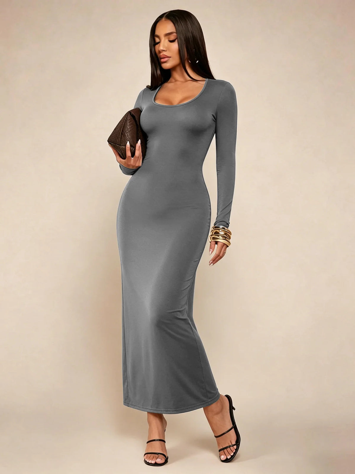 Robe Longue Moulante Col Carré Manches Longues – Uni, Minimaliste Chic, Toutes Saisons