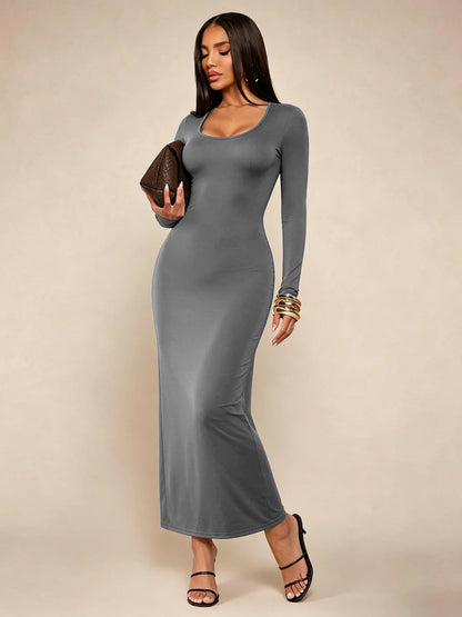 Robe Longue Moulante Col Carré Manches Longues – Uni, Minimaliste Chic, Toutes Saisons