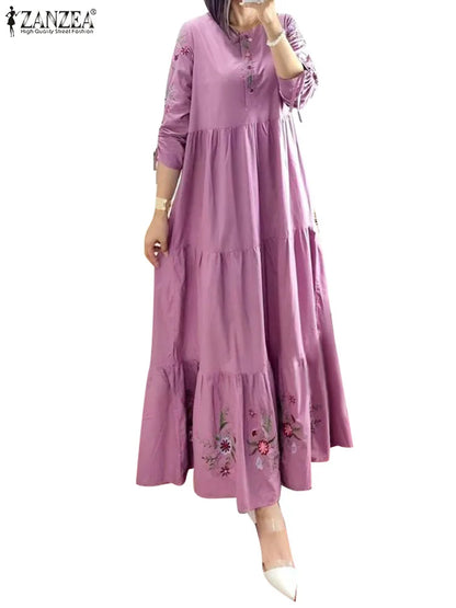 Robe Abaya Kaftan Maxi Imprimé Floral – Manches 3/4, Style Modest & Boémo
