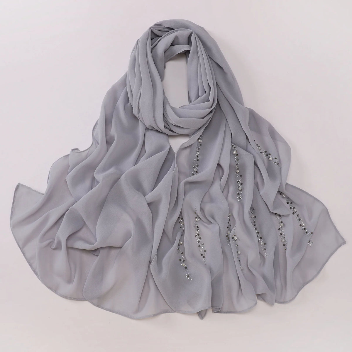 Hijab Chiffon Femme – Foulard Musulman Doux avec Strass & Perles, Voile Été 175x70cm