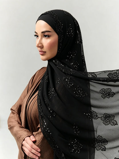 Hijab Paillettes Scintillantes Brodé – Châle Satin Brillant Femme, Foulard Mariage Ramadan 60x170cm