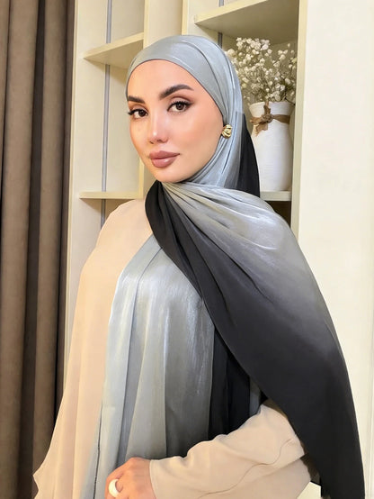 Hijab Satin Bicolore Dégradé – Foulard Islamique Élégant Pour Mariage & Occasions Spéciales
