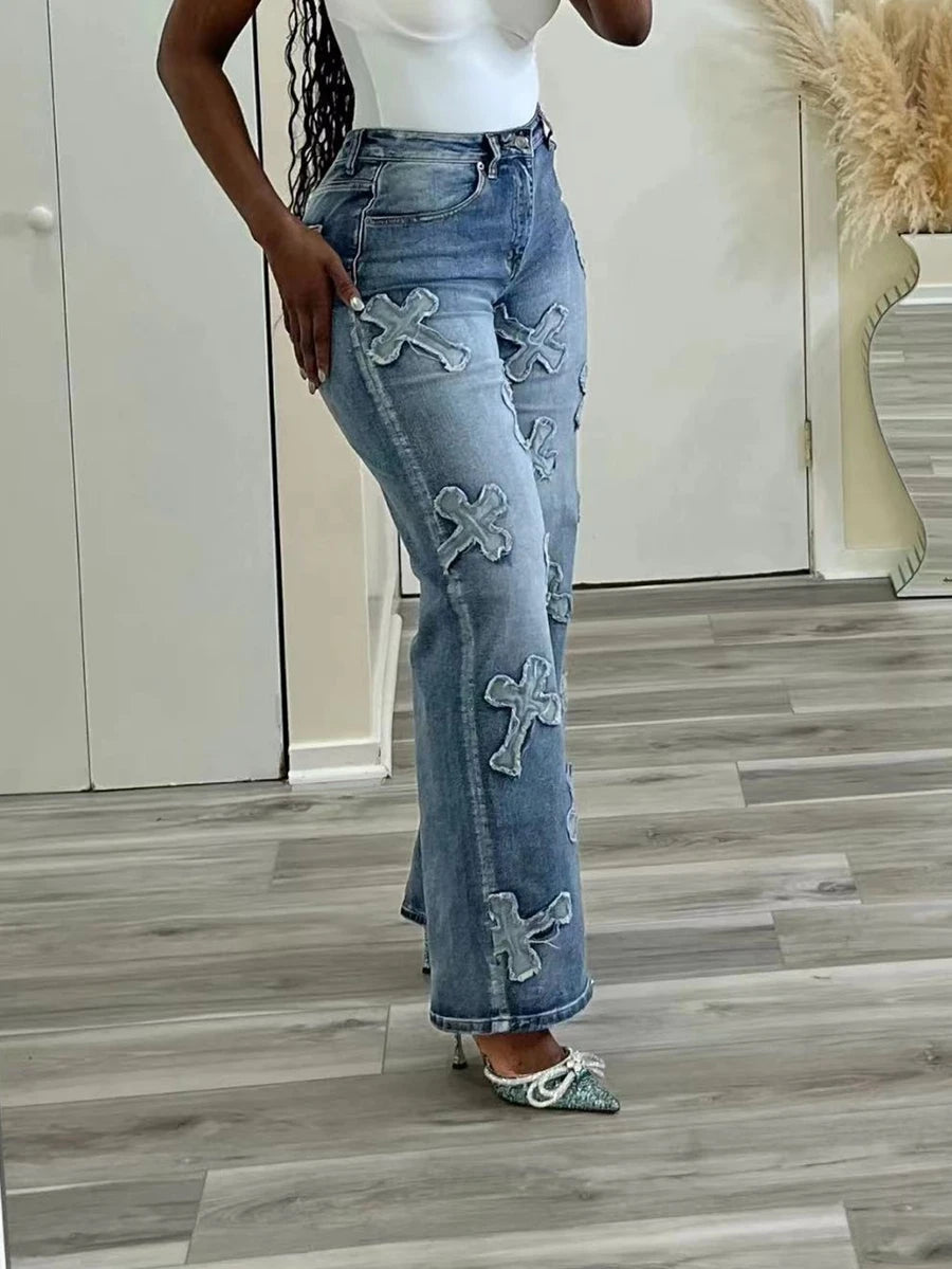 Jean Baggy Femme Taille Haute – Franges & Lacets Croix, Coupe Droite