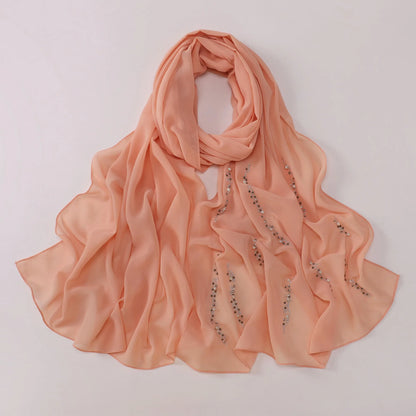Hijab Chiffon Femme – Foulard Musulman Doux avec Strass & Perles, Voile Été 175x70cm