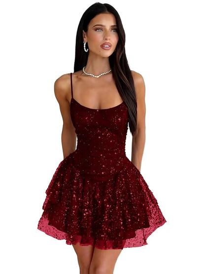 Robe de Soirée Courte À Paillettes – Ligne A, Volants, Sans Bretelles, Bal de Promo & Cocktail