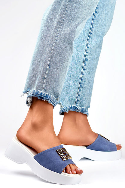 Tongs plateforme 5 cm en cuir naturel bleu et jaune PRIMO